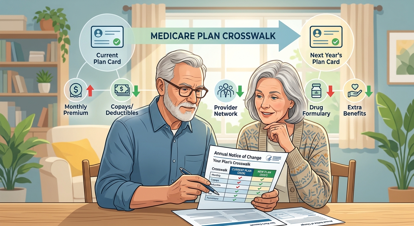 Two older adults reviewing a Medicare plan crosswalk document comparing premiums, copays, provider network, drug formulary, and extra benefits