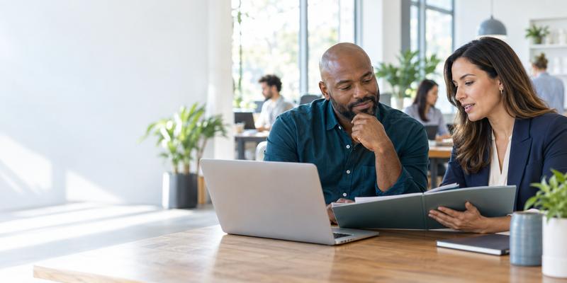 Small-business owner reviewing workplace benefit options with an advisor.
