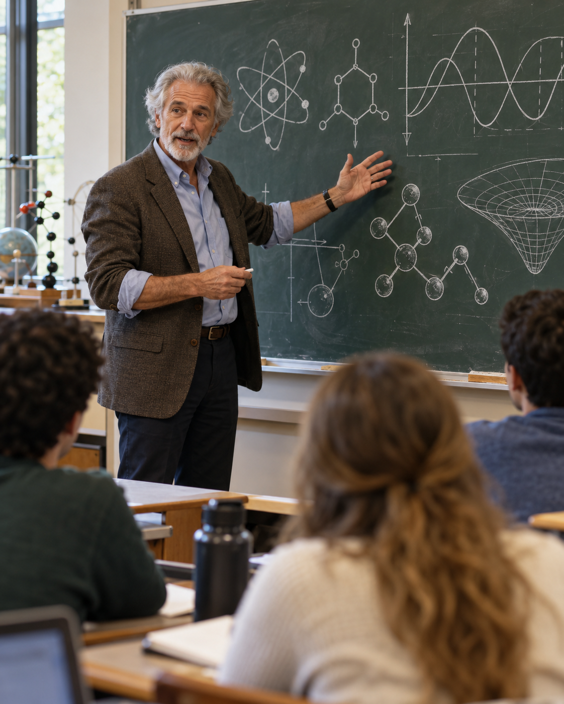 Teacher in his sixties leading a science lesson at a chalkboard in front of seated students.
