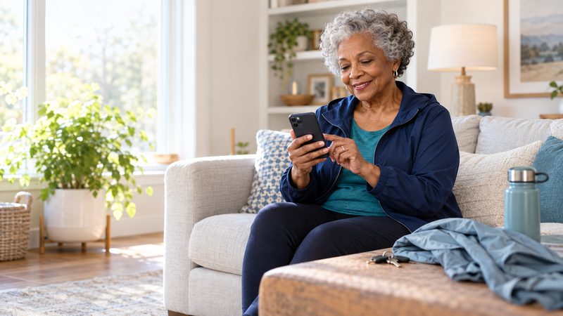 Older adult using a smartphone while preparing to leave home for a walk.