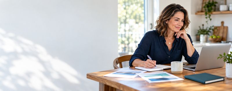 Adult reviewing an insurance education guide and taking notes at home.