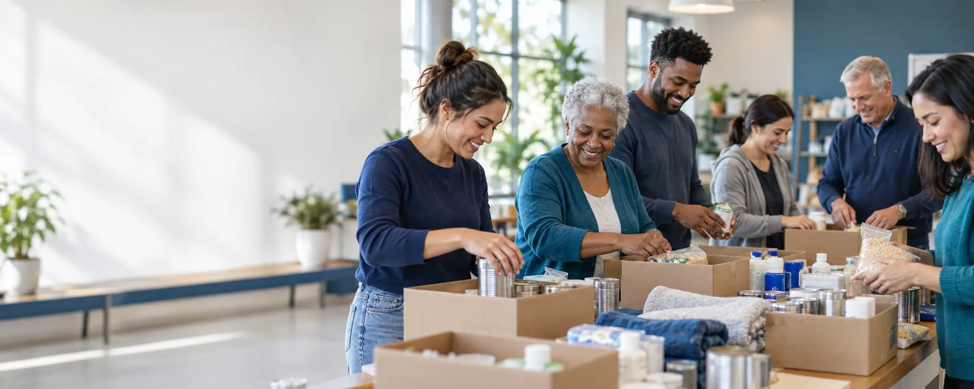 Diverse volunteers assembling food and wellness care packages at a community center.