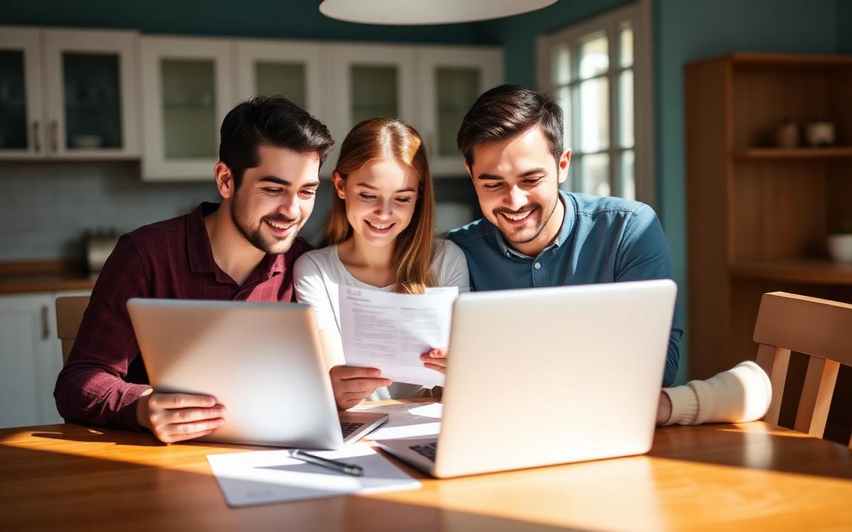 A family reviewing health insurance paperwork together at a kitchen table