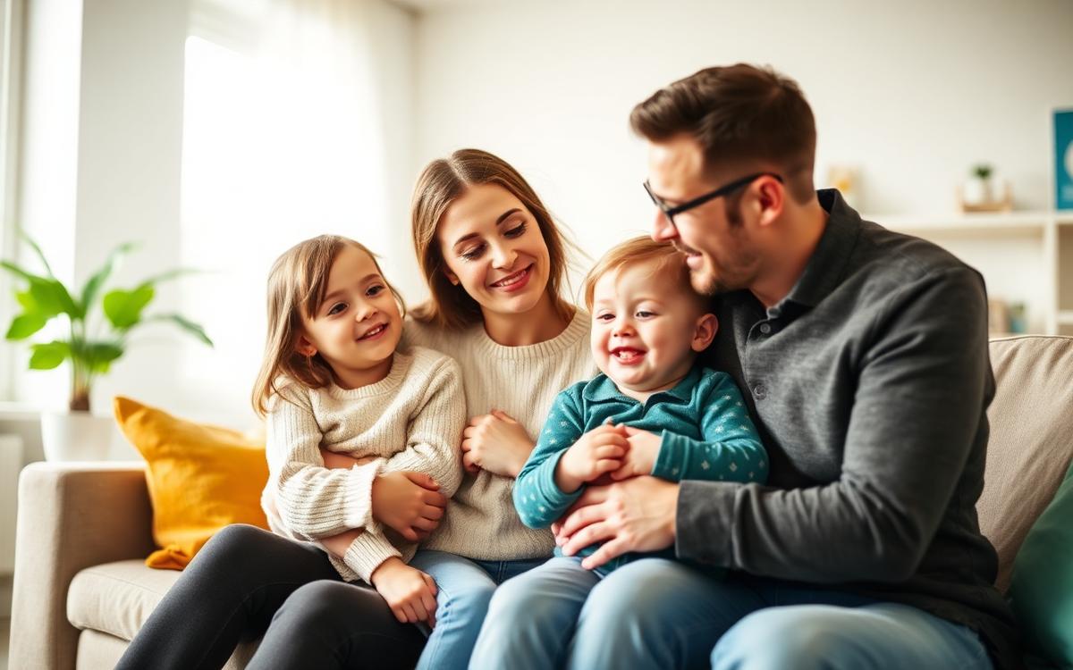 Parents sitting with their two young children in a bright living room